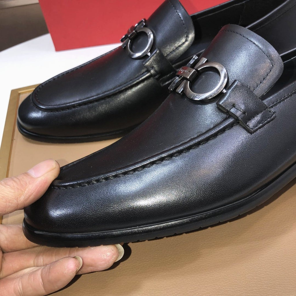 Ferragamo Black Ring-Hardware Loafers — front