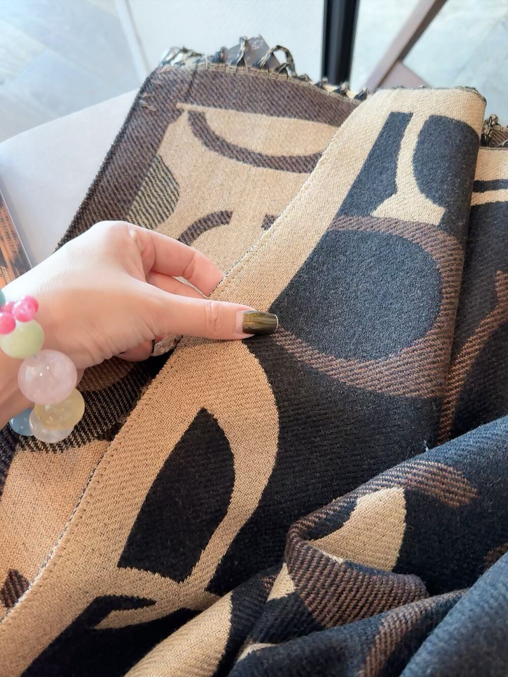 Coach Linked-Letter Fringe Scarf — detail