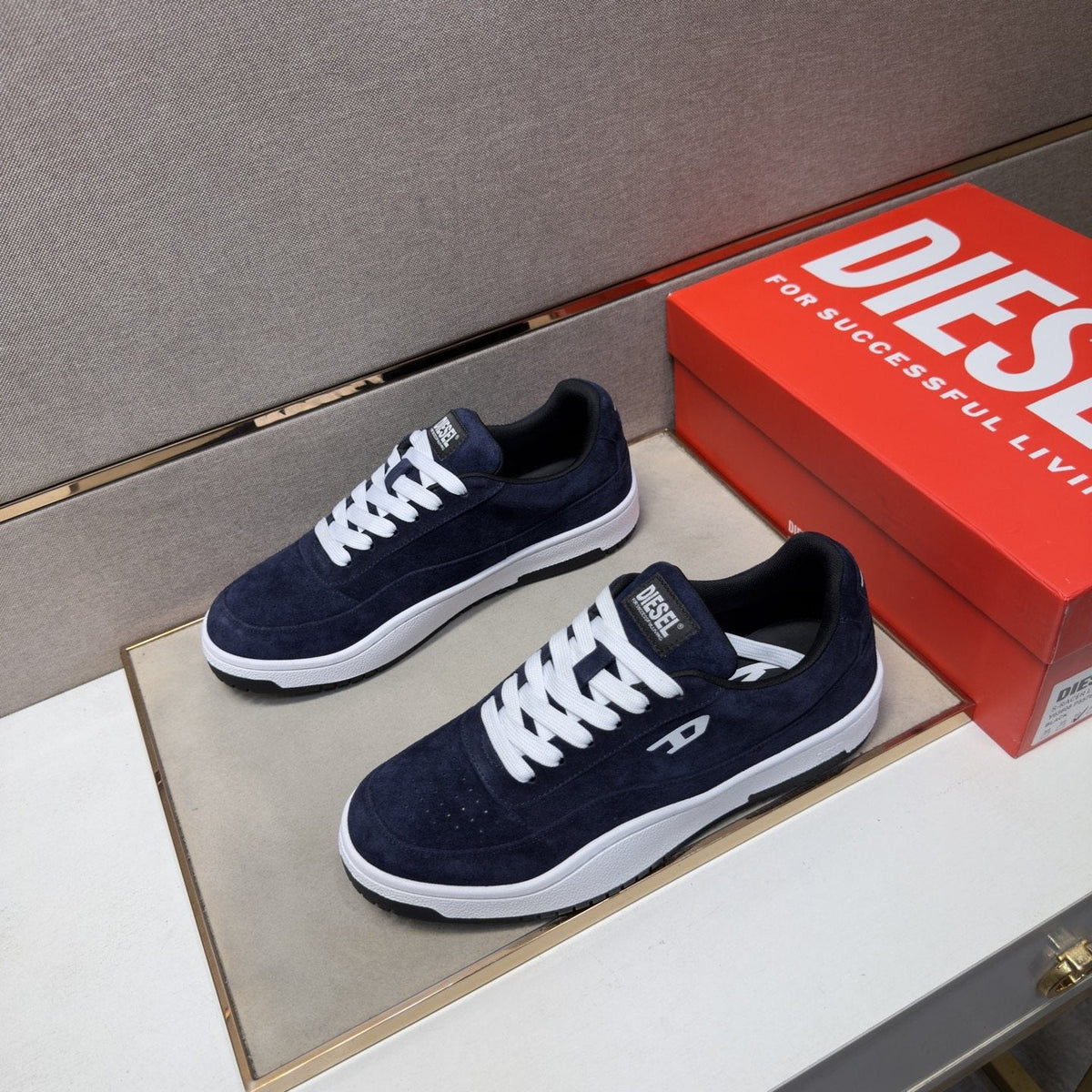 DIESEL Navy Blue and White Low-Top Sneakers — side