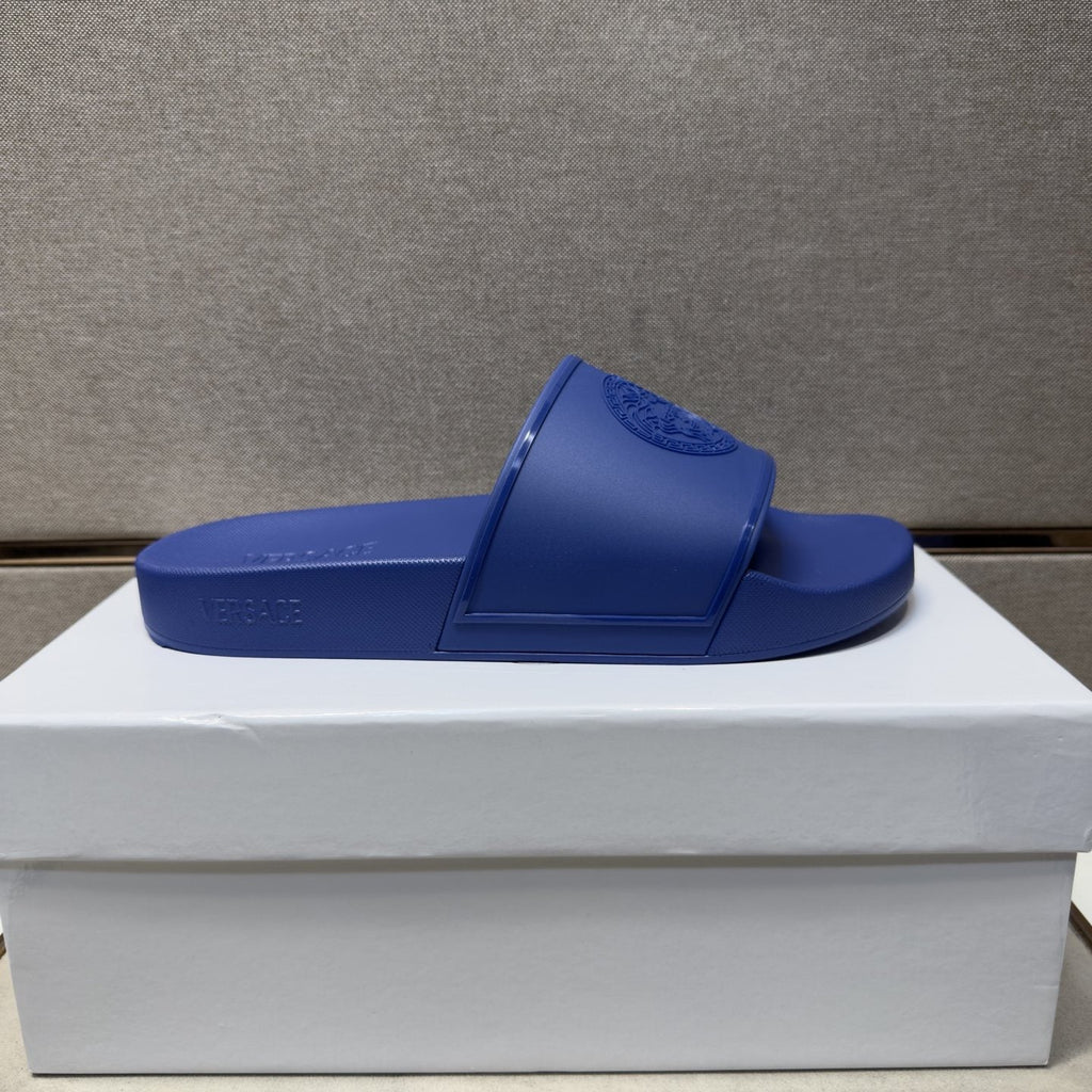 Versace Blue Raised Emblem Slide Sandals — side