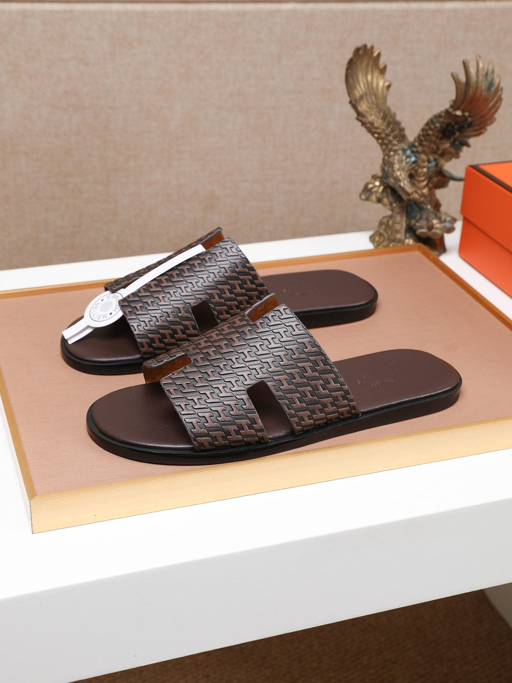 Hermes Dark Brown Woven H-Cutout Slide Sandals — hero