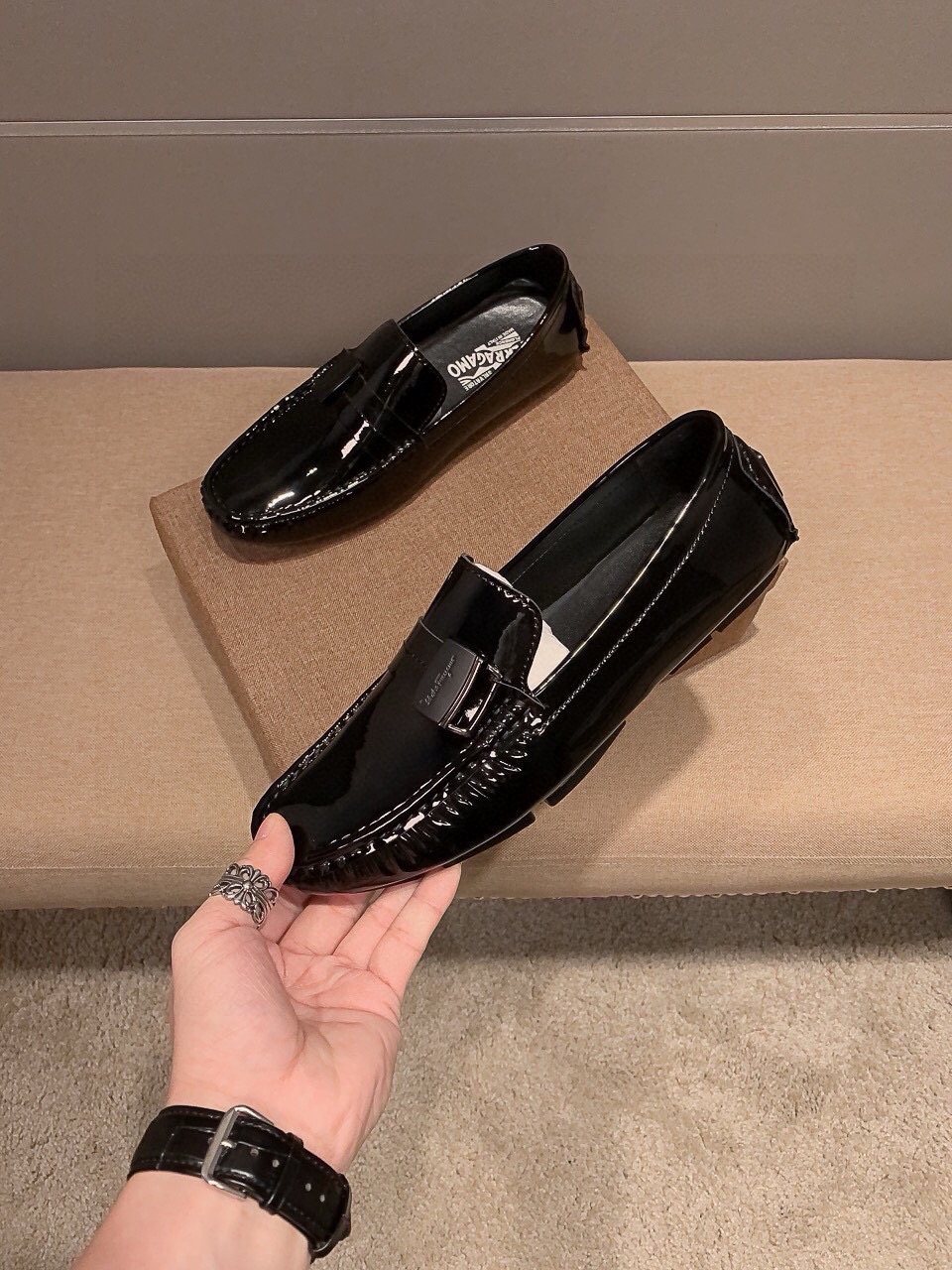 Ferragamo Black Patent Leather Loafers — front