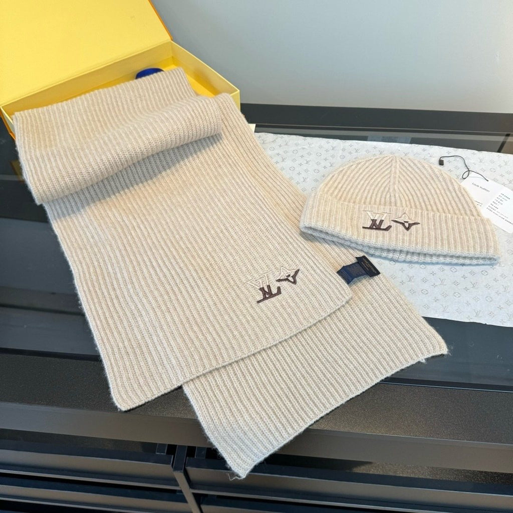 Louis Vuitton Cream Beige Beanie & Scarf Set — front