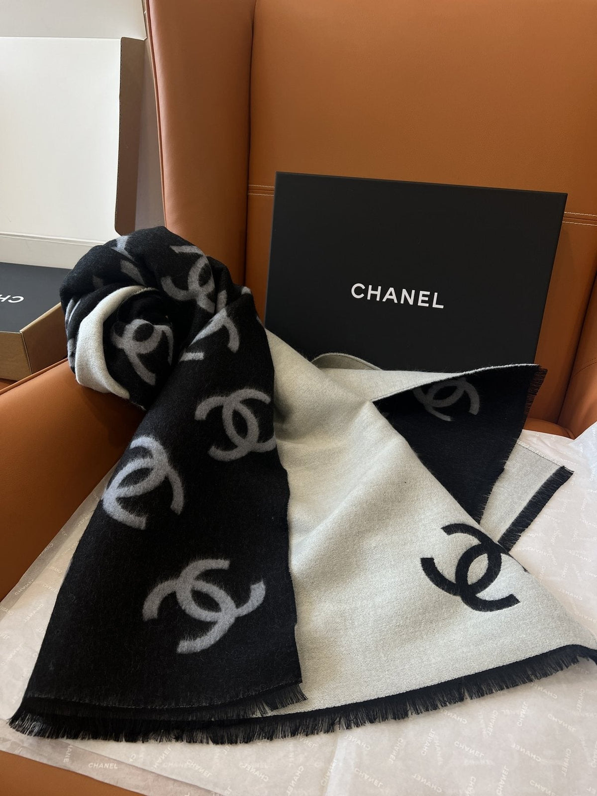 Chanel Reversible Black & Ivory Motif Shawl — side