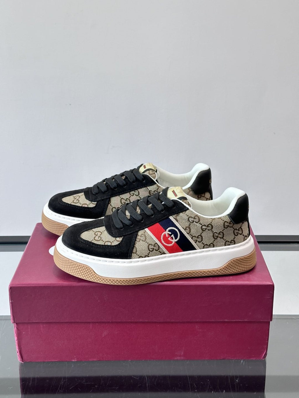 Gucci Black Beige Web Stripe Sneakers — hero