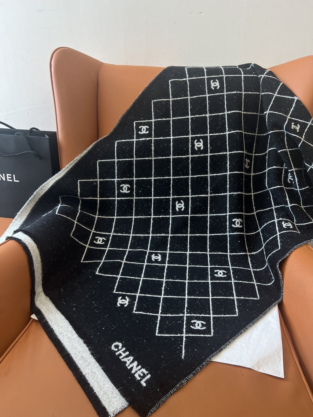 Chanel Black and Ivory Grid Shawl Scarf — hero