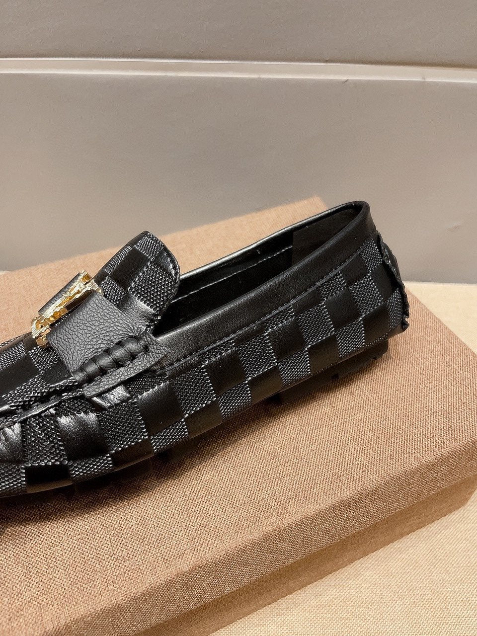 Louis Vuitton Checker-Woven Buckle Loafers — detail