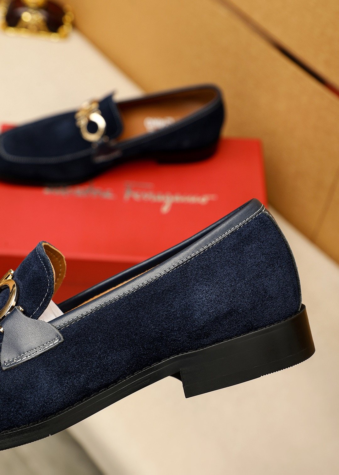 Ferragamo Navy Blue Hardware Loafers — detail
