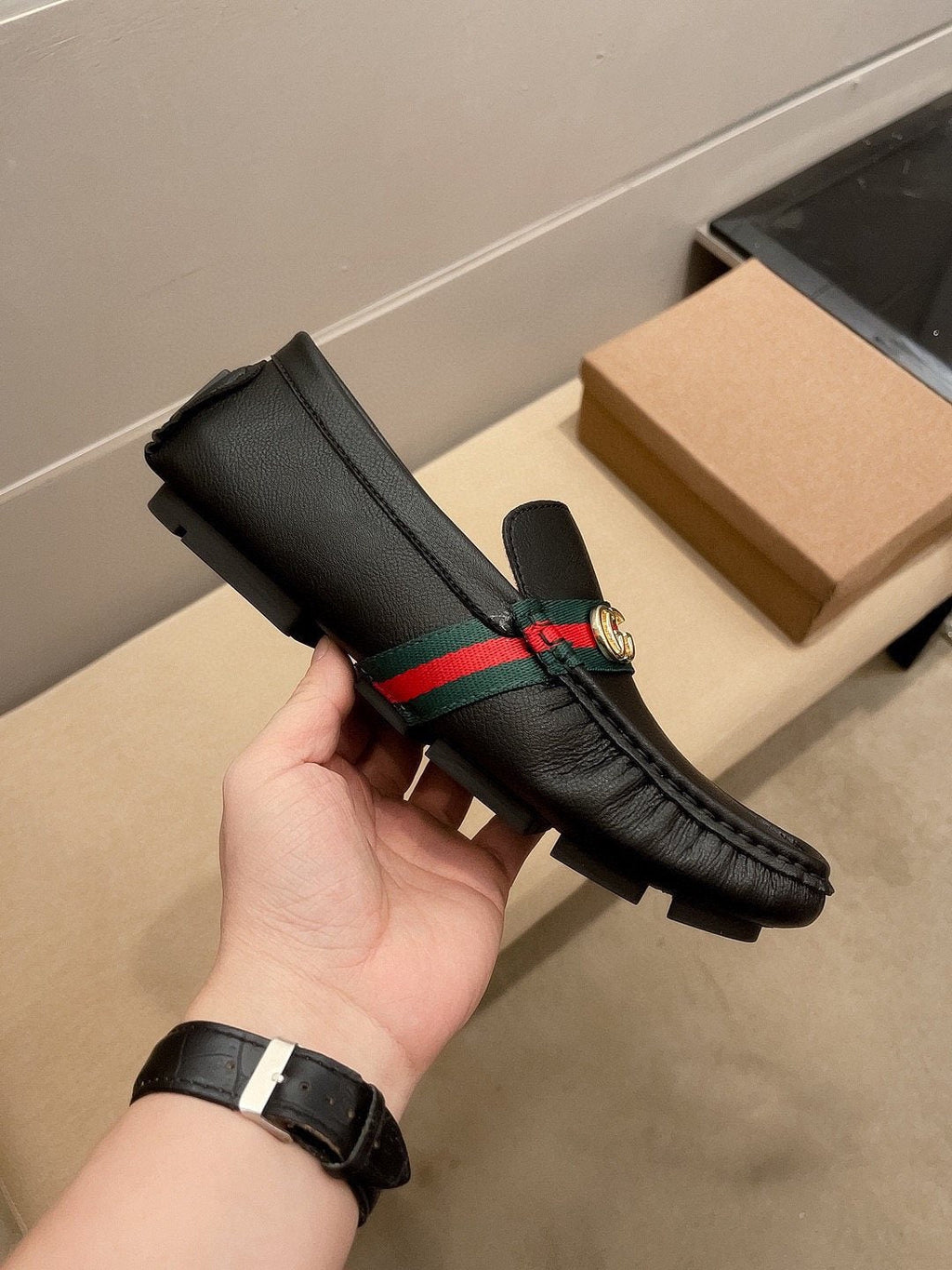 Gucci Black Stripe Driving Loafers — side
