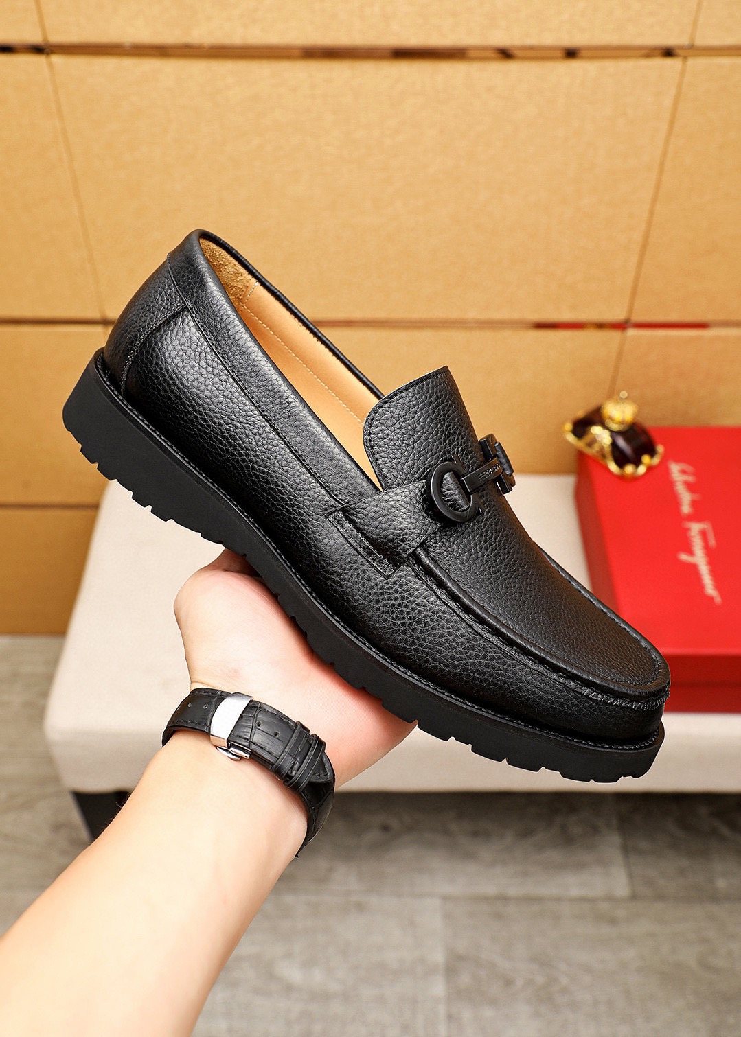 Ferragamo Pebble-Grain Buckle Slip-On Shoes — side