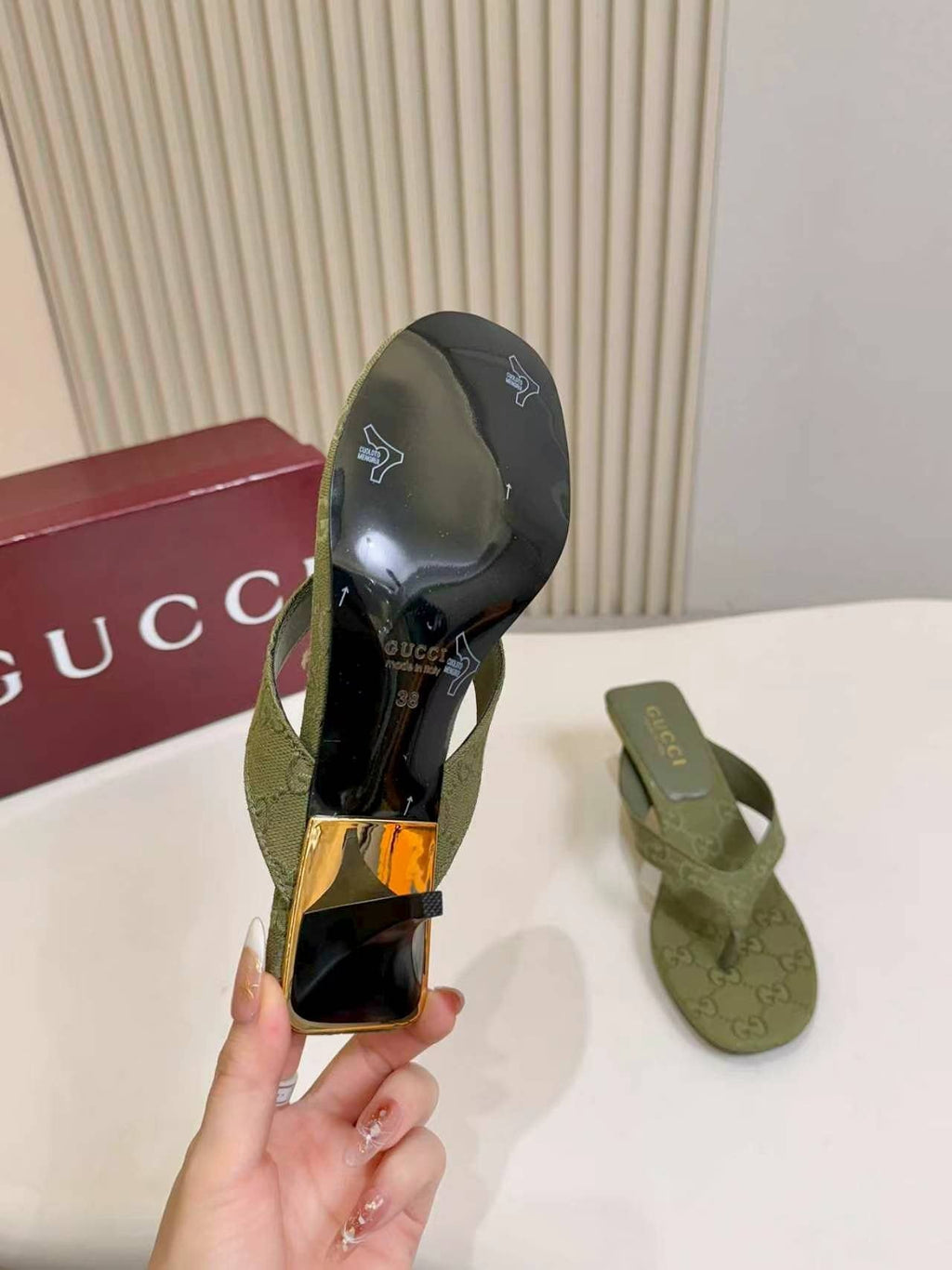 Gucci Monogram Thong Heel Sandals — back