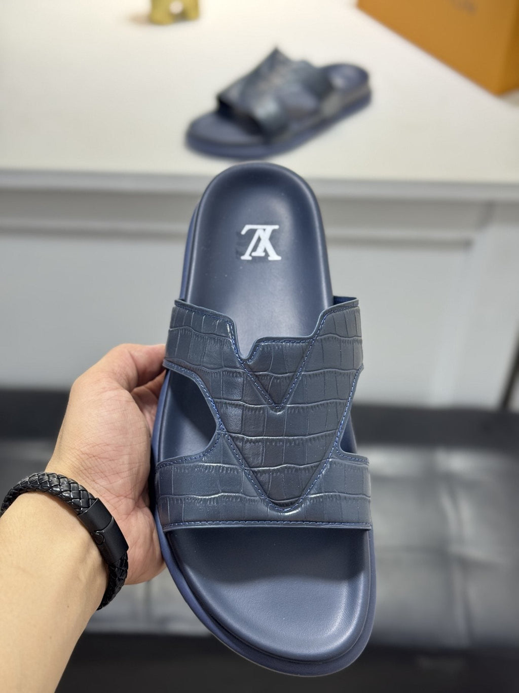 Louis Vuitton Embossed Strap Slide Sandals — front