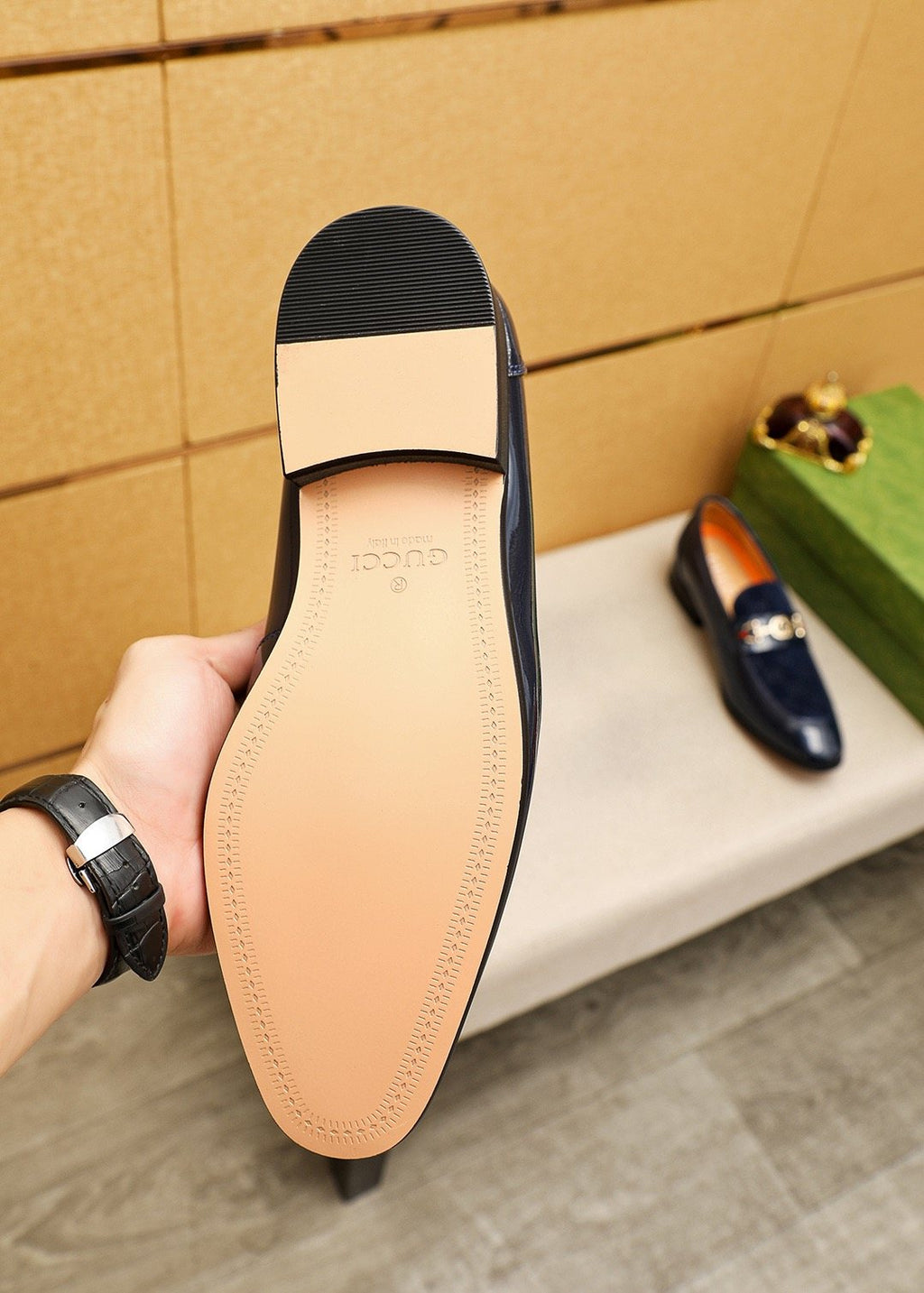 Gucci Patterned Metal Bit Loafers — detail
