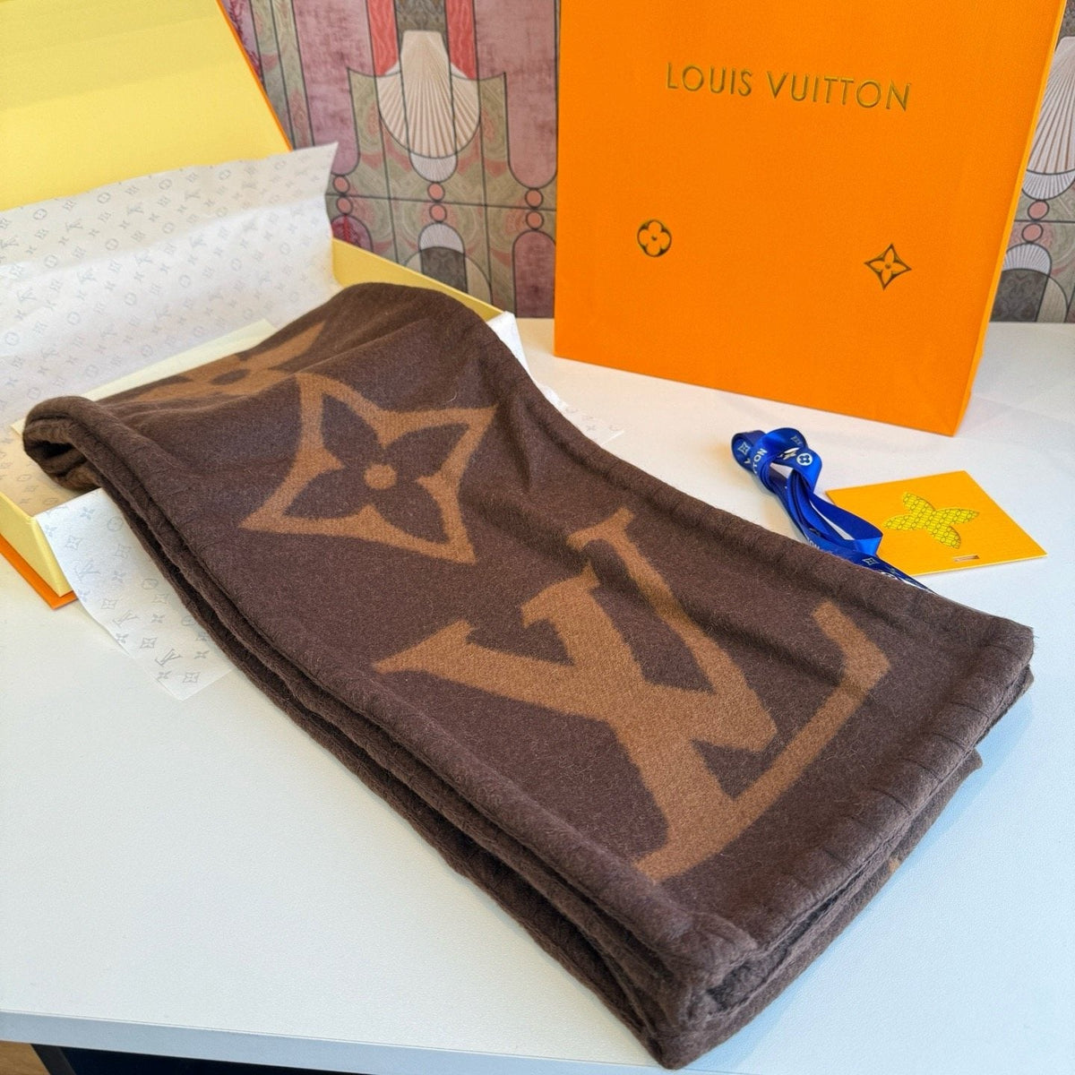 Louis Vuitton Brown and Tan Motif Scarf — front