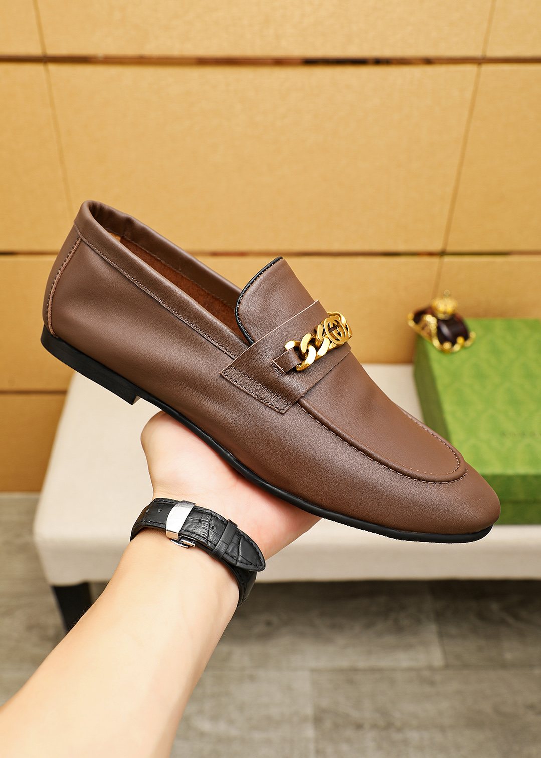 Gucci Leather Chain Loafers — side