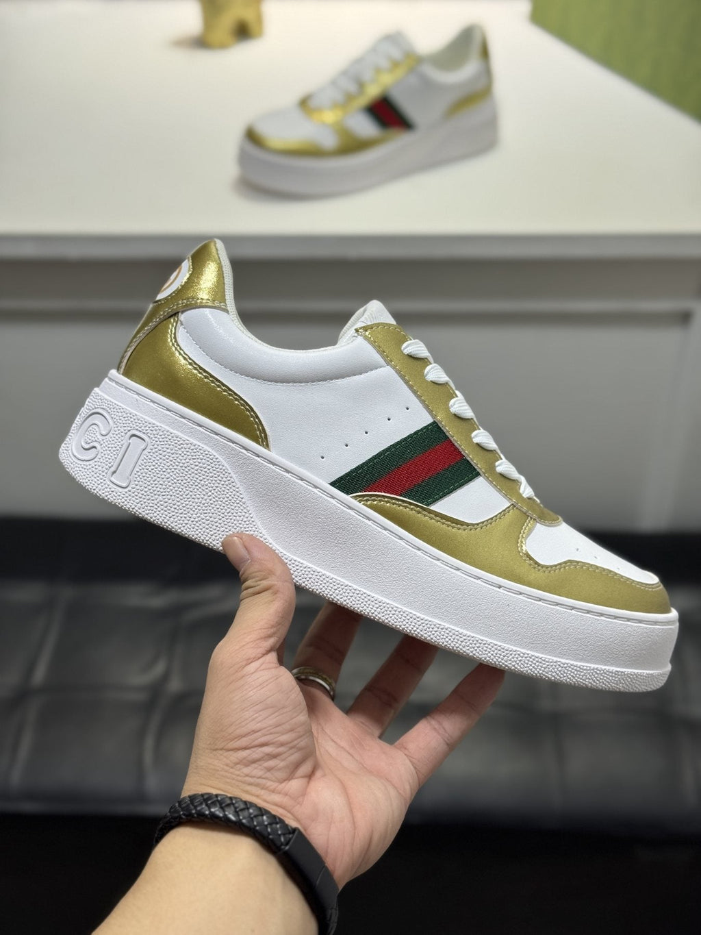 Gucci White Green-Red Stripe Sneakers — side