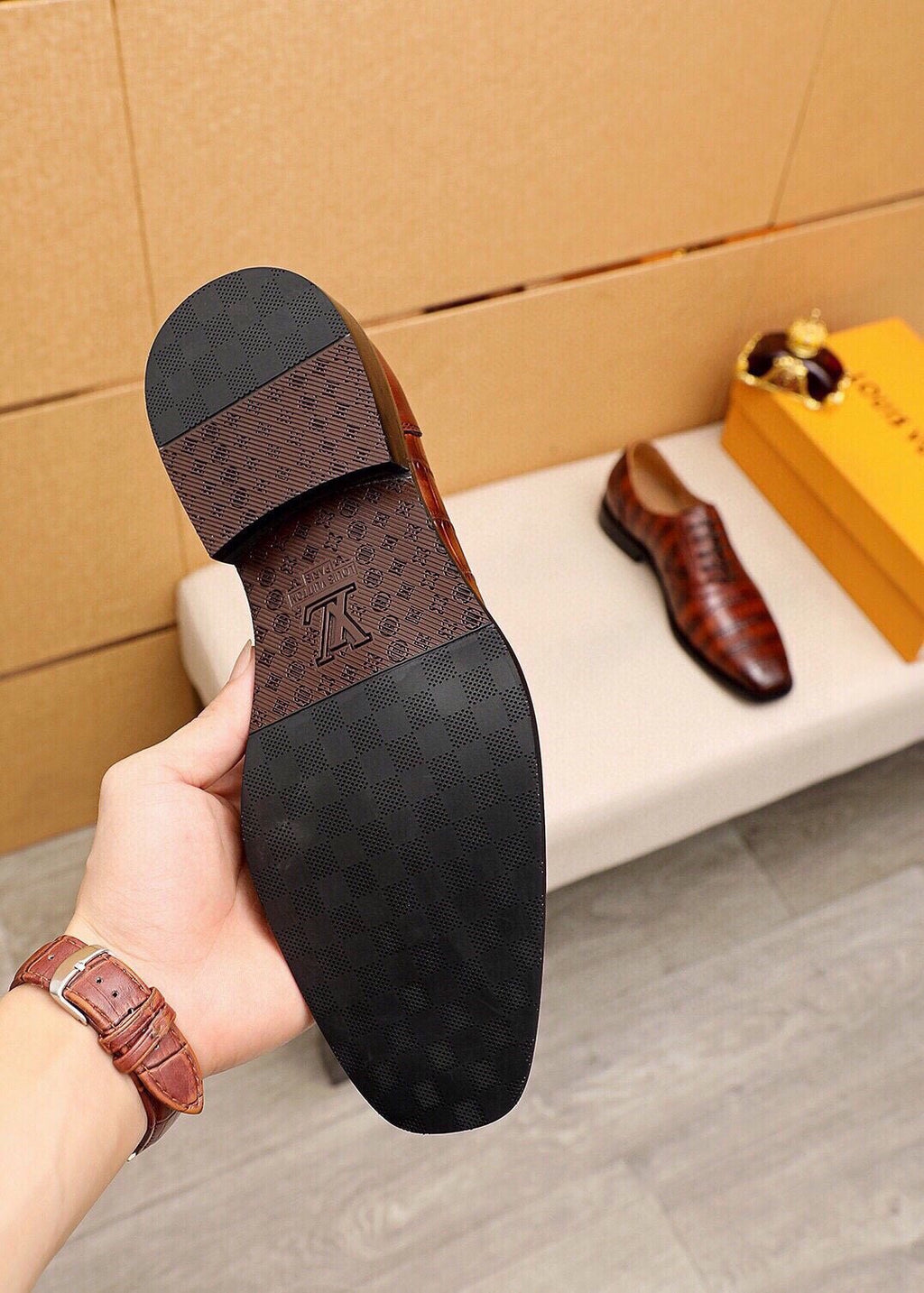 Louis Vuitton Crocodile-Embossed Lace-Up Dress Shoes — detail