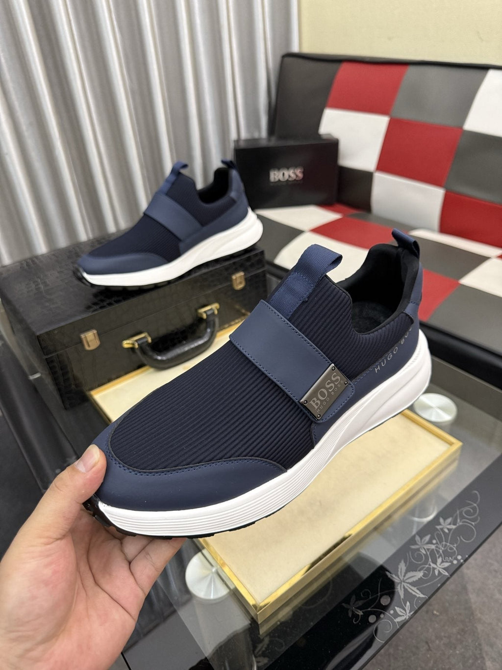 Hugo Boss Textured Strap Slip-On Sneakers — front