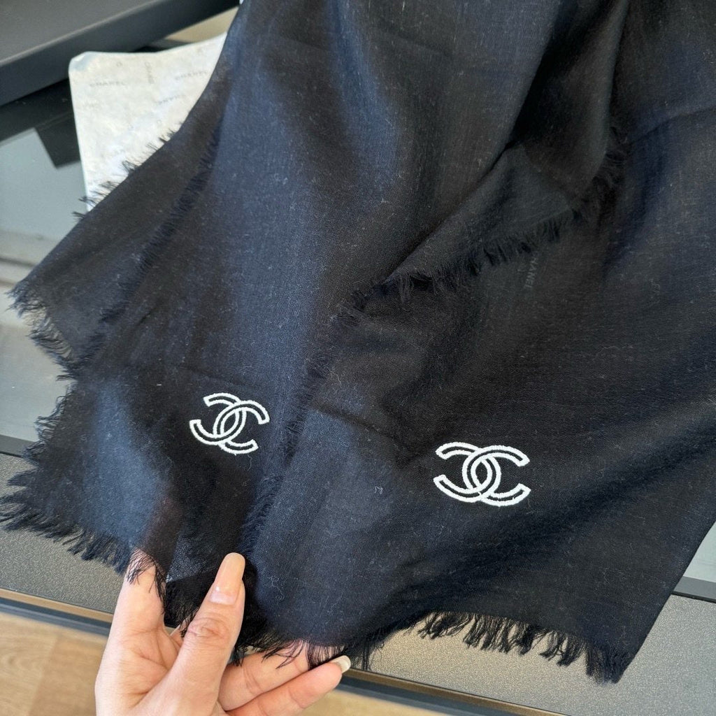Chanel Fringe-Trim Cashmere Scarf — model